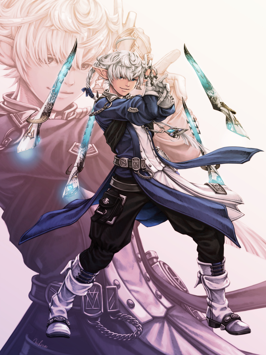1boy absurdres ahoge alphinaud_leveilleur bangs blue_eyes elezen elf final_fantasy final_fantasy_xiv floating floating_object floating_weapon gloves highres long_hair looking_at_viewer male_focus mihira_(tainosugatayaki) pointy_ears sage_(final_fantasy) smile white_hair zoom_layer