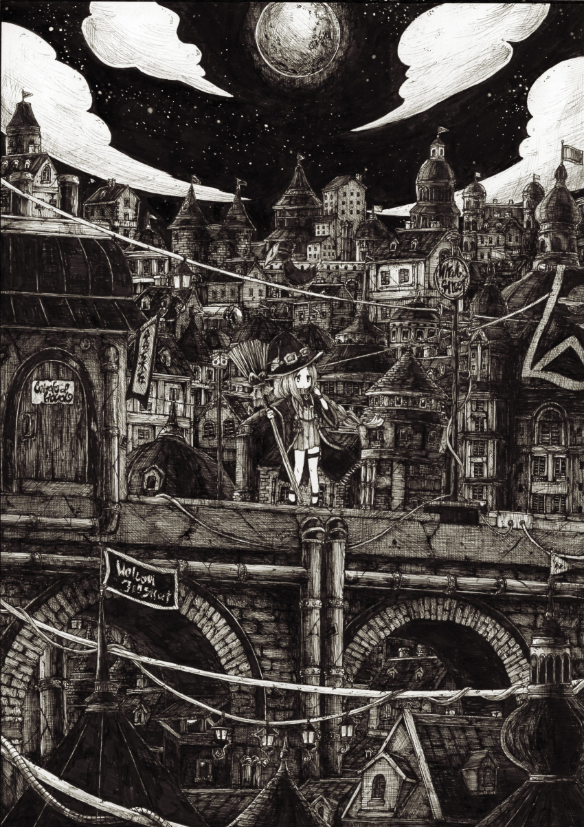 1girl absurdres bridge broom clouds door flag goggles goggles_on_headwear greyscale hat high_heels highres holding holding_broom looking_away monochrome moon night night_sky original outdoors scenery sky solo standing usio_ueda witch_hat
