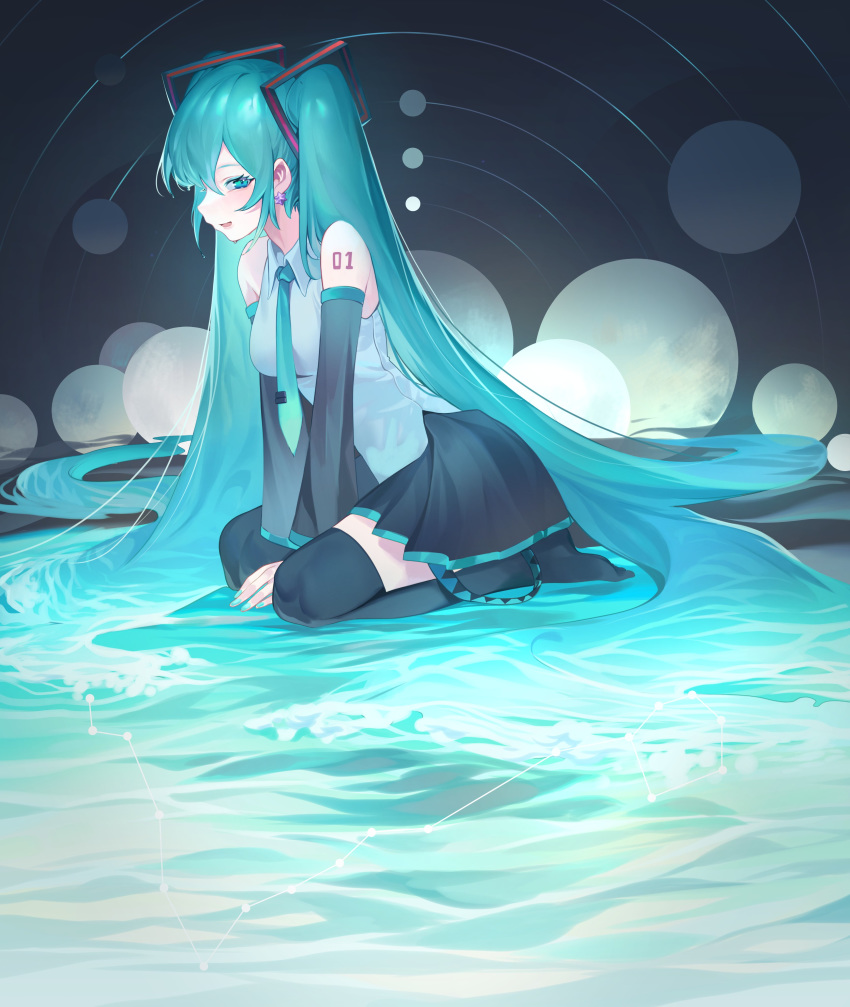 1girl absurdres aqua_eyes aqua_hair breasts commentary earrings hatsune_miku highres jewelry kneeling long_hair medium_breasts solo ssangbong-llama tied_hair twintails very_long_hair vocaloid water