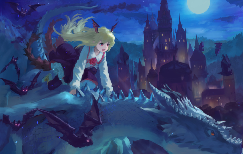 :d absurdres bat blonde_hair blouse blue_sky boots castle collared_blouse dragon dragon_riding floating_hair flying full_moon granblue_fantasy head_wings highres huge_filesize long_sleeves moon neck_ribbon night open_mouth outdoors pantyhose purple_legwear purple_skirt red_neckwear red_ribbon ribbon riding shingeki_no_bahamut skirt sky smile solo vampy wasabi60 white_blouse white_footwear