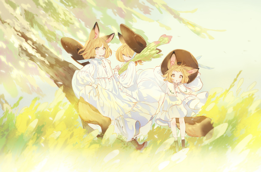 3girls animal_ear_fluff animal_ears arms_up bangs blonde_hair blush boots brown_eyes brown_footwear brown_headwear closed_eyes closed_mouth commentary_request cross-laced_footwear day dress eyebrows_visible_through_hair flower fox_ears fox_girl fox_tail grass gwayo hands_on_headwear hat hat_around_neck highres lace-up_boots long_sleeves looking_at_viewer multiple_girls original outdoors parted_lips puffy_long_sleeves puffy_sleeves smile standing tail tree white_dress yellow_flower