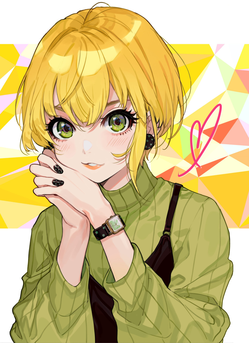 1girl absurdres black_nails blonde_hair blush commentary earrings eyelashes green_eyes green_sweater hair_between_eyes hands_clasped hands_together heart highres idolmaster idolmaster_cinderella_girls jewelry lips long_sleeves looking_at_viewer miyamoto_frederica nail_art nail_polish own_hands_together ribbed_sweater short_hair smile sweater turtleneck turtleneck_sweater upper_body watch watch white_background yuu_(higashi_no_penguin)