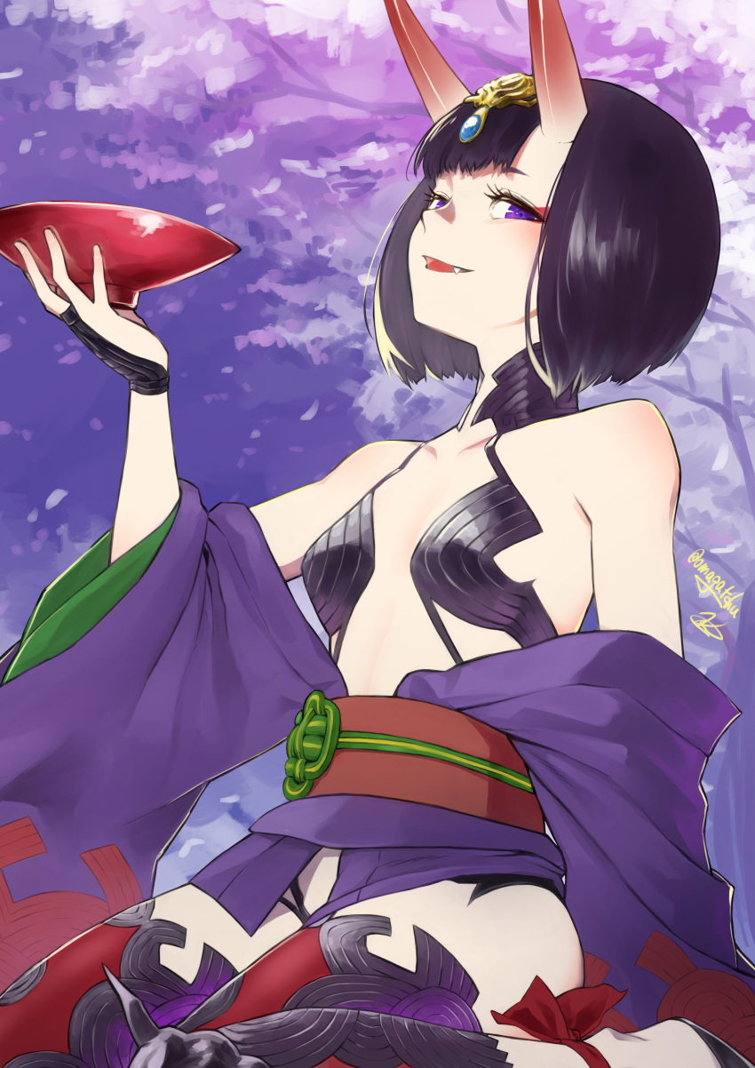 1girl absurdres ankle_ribbon bangs bare_shoulders barefoot_sandals bob_cut breasts bridal_gauntlets cherry_blossoms collarbone cup eyeliner fangs fate/grand_order fate_(series) headpiece highres horns japanese_clothes kimono long_sleeves looking_at_viewer makeup obi off_shoulder omagacchu oni oni_horns parted_lips purple_hair purple_kimono red_ribbon revealing_clothes ribbon sakazuki sash short_hair short_kimono shuten_douji_(fate/grand_order) sitting skin-covered_horns small_breasts smile solo thighs tree violet_eyes wariza wide_sleeves