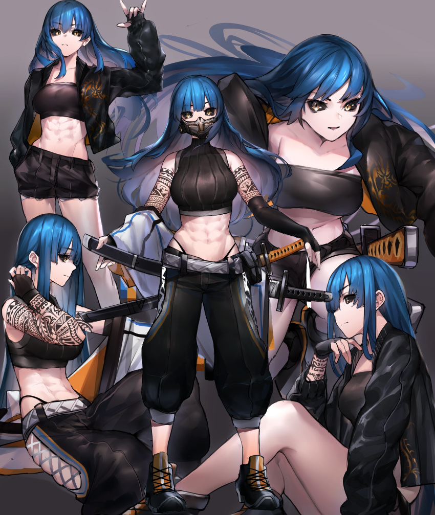 1girl \m/ abs absurdres armpit_peek bandeau bare_shoulders belt black_gloves black_jacket black_pants black_sclera black_shorts blue_hair breasts crop_top cutoffs elbow_gloves fingerless_gloves gas_mask gloves gradient gradient_background highleg highres jacket katana large_breasts long_hair long_sleeves looking_at_viewer midriff multiple_views navel neonbeat open_clothes open_jacket original pants parted_lips ribbed_shirt sheath sheathed shirt shoes short_shorts shorts shoulder_tattoo side_cutout sitting skindentation sleeveless sleeveless_shirt sleeveless_turtleneck standing stomach sword tattoo thighs turtleneck weapon yellow_eyes