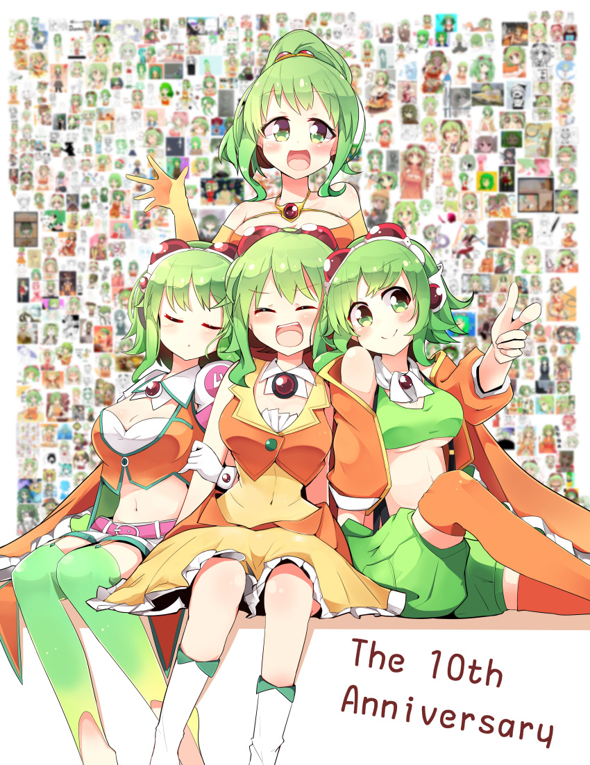 4girls absurdres amulet anniversary artist_self-reference belt blush boots breasts commentary crop_top elbow_gloves facing_viewer finger_gun gloves goggles goggles_on_head green_skirt gumi highres huge_filesize jacket knee_boots looking_at_viewer medium_breasts multiple_girls multiple_persona open_mouth orange_gloves orange_jacket orange_legwear orange_shirt orange_skirt pachio_(patioglass) pointing pointing_at_viewer red_goggles shirt sitting skirt sleeping smile strapless suspenders thigh-highs tubetop vocaloid waving