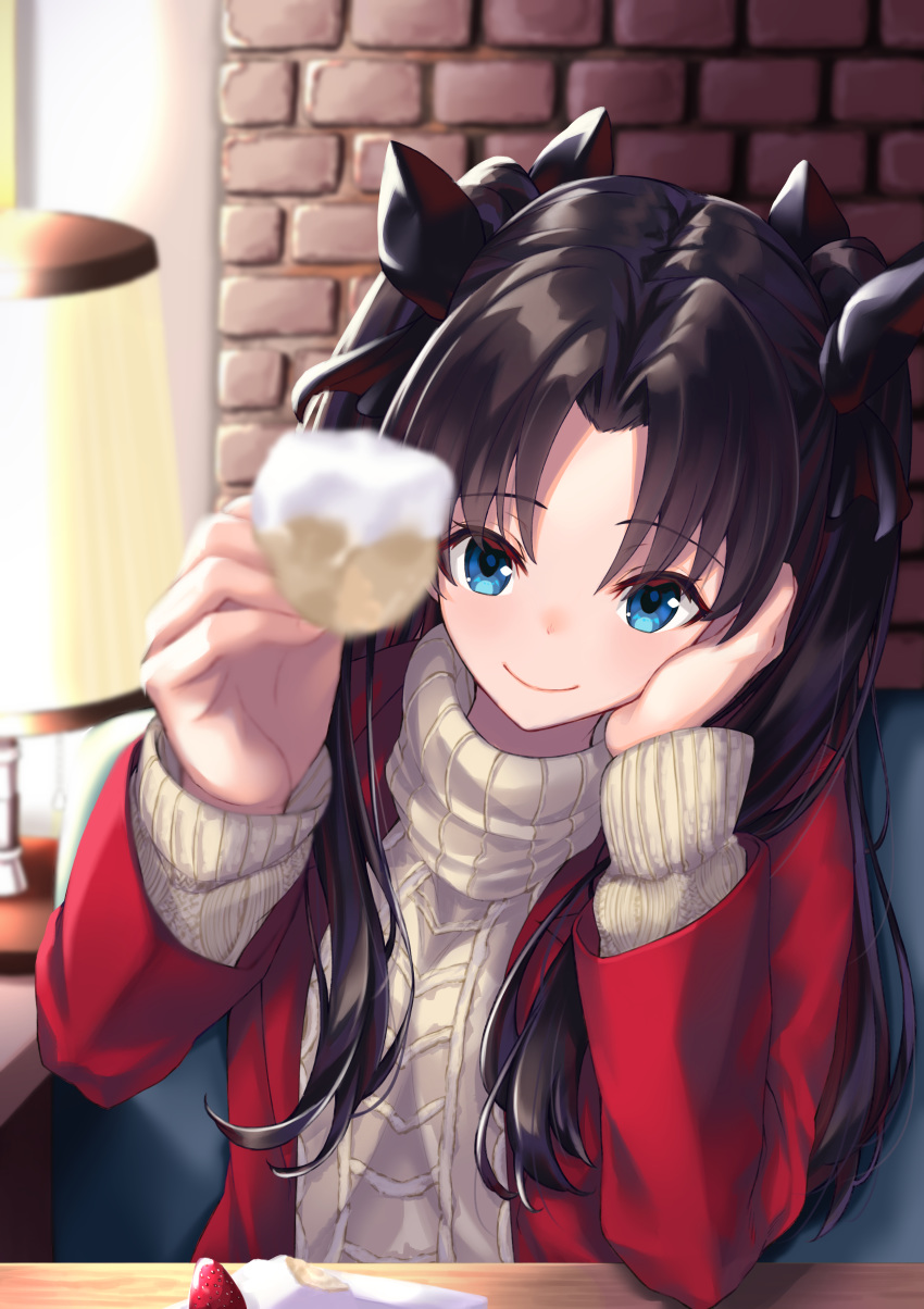 1girl absurdres bangs black_bow black_hair blue_eyes blush bow brick_wall cafe casual closed_mouth commentary_request eyebrows_visible_through_hair fate/stay_night fate_(series) feeding food fruit hair_bow highres indoors jacket long_hair long_sleeves looking_at_viewer open_clothes open_jacket parted_bangs pov red_jacket smile solo strawberry sweater table toosaka_rin turtleneck turtleneck_sweater two_side_up upper_body white_sweater yu_sa1126