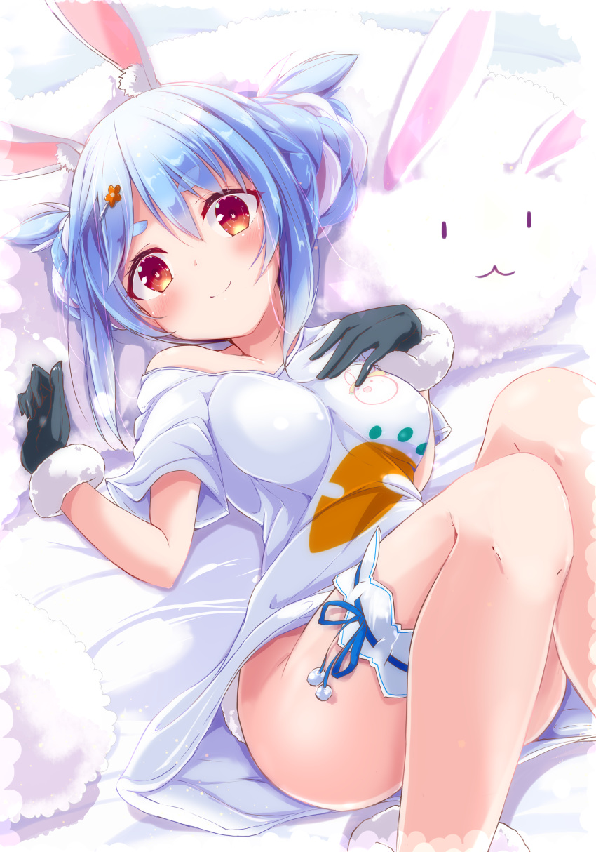 1girl absurdres alternate_hairstyle animal_ear_fluff animal_ears aqua_hair bare_legs black_gloves blush braid breasts bunny_pillow bunny_tail carrot_print closed_mouth eyebrows_visible_through_hair food_print fur-trimmed_gloves fur_trim gloves hair_ornament hand_on_own_chest highres hololive looking_at_viewer lying medium_breasts medium_hair multicolored_hair naked_shirt nanaume_(shichimi_tougarashi) no_panties on_back rabbit_ears red_eyes shirt short_sleeves smile solo star star_hair_ornament t-shirt tail thick_eyebrows thigh_strap thighs two-tone_hair usada_pekora virtual_youtuber white_hair white_shirt