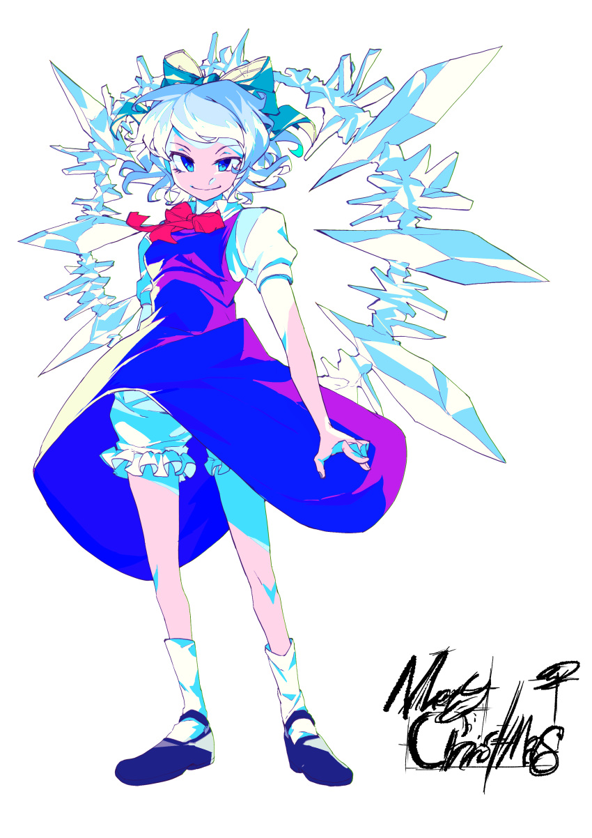 1girl absurdres blue_bow blue_dress blue_eyes blue_footwear blue_hair bow bowtie cirno closed_mouth collar collared_dress commentary detached_wings dress english_commentary english_text fairy_wings frills full_body hair_bow highres ice ice_wings mary_janes merry_christmas puffy_short_sleeves puffy_sleeves red_bow red_neckwear shoes short_hair short_sleeves simple_background smile solo standing takoongyi touhou underwear white_background wings