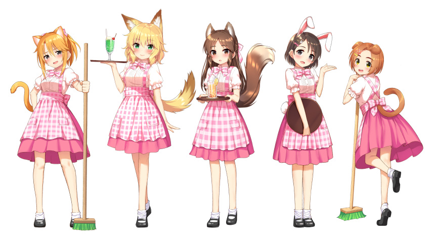 5girls absurdres animal_ears apron bangs black_footwear blonde_hair bow bowtie broom brown_eyes brown_hair bunny_hair_ornament bunny_tail cat_ears cat_tail checkered checkered_apron checkered_neckwear cup dog_ears dog_tail drinking_glass eyebrows_visible_through_hair flower gesture go-1 green_eyes hair_bow hair_flower hair_ornament hairclip hand_on_hip head_tilt high-waist_skirt highres holding holding_broom holding_tray idolmaster idolmaster_cinderella_girls kemonomimi_mode leg_up long_hair looking_at_viewer looking_back mary_janes matoba_risa medium_hair messy_hair multiple_girls orange_hair pink_apron pink_bow pink_neckwear pink_skirt puffy_short_sleeves puffy_sleeves rabbit_ears ryuuzaki_kaoru sakurai_momoka sasaki_chie shirt shoes short_hair short_ponytail short_sleeves sidelocks simple_background skirt socks standing standing_on_one_leg suspender_skirt suspenders swept_bangs tachibana_arisu tail tray waitress white_background white_legwear white_shirt yellow_eyes yuuki_haru