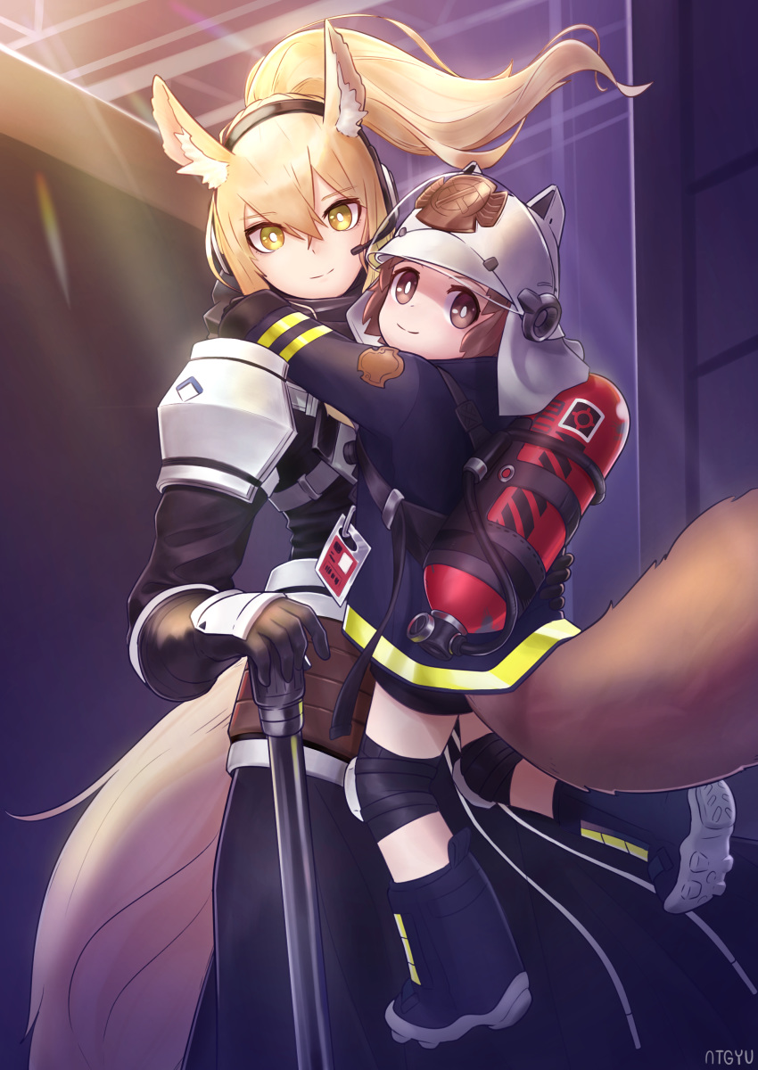 2girls absurdres animal_ears animal_ears_helmet arknights artist_name atgyu blonde_hair brown_eyes brown_hair carrying carrying_over_shoulder commentary_request fire_helmet fire_jacket firefighter headphones headset highres horse_ears horse_tail knee_pads large_tail looking_at_viewer multiple_girls nearl_(arknights) oxygen_tank ponytail shaw_(arknights) short_hair shoulder_pads squirrel_girl squirrel_tail tail white_armor