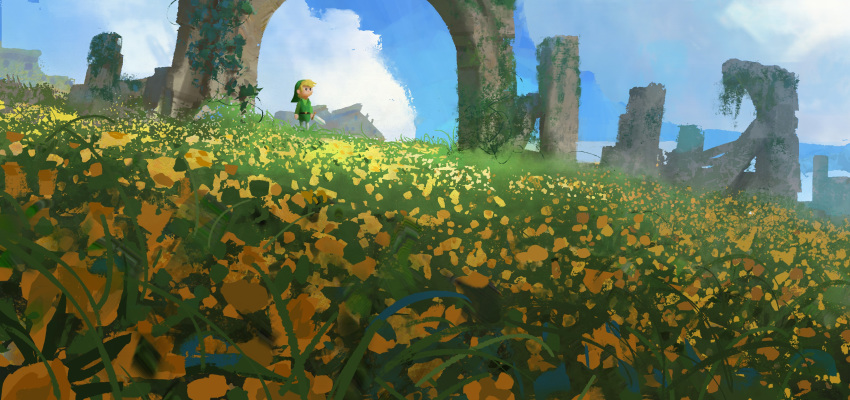 1boy absurdres blonde_hair blue_sky clouds field flower flower_field grass green_tunic highres holding holding_sword holding_weapon link ruins samuel_smith scenery sky solo standing sword the_legend_of_zelda weapon