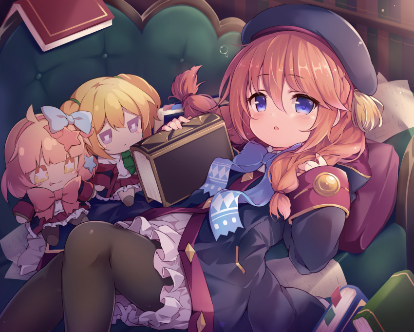 1girl :o baku-p bangs beret black_coat black_headwear black_legwear blonde_hair blue_bow blue_eyes blush book bow braid brown_hair character_doll chieru_(princess_connect) chloe_(princess_connect) coat commentary_request couch dress eyebrows_visible_through_hair feet_out_of_frame frilled_dress frills hair_between_eyes hair_over_shoulder hands_up hat highres hood hood_down hooded_coat long_hair long_sleeves low_twintails lying on_back on_couch open_book pantyhose parted_lips pillow pink_hair princess_connect! princess_connect!_re:dive sleeves_past_wrists solo twin_braids twintails white_dress yuni_(princess_connect)