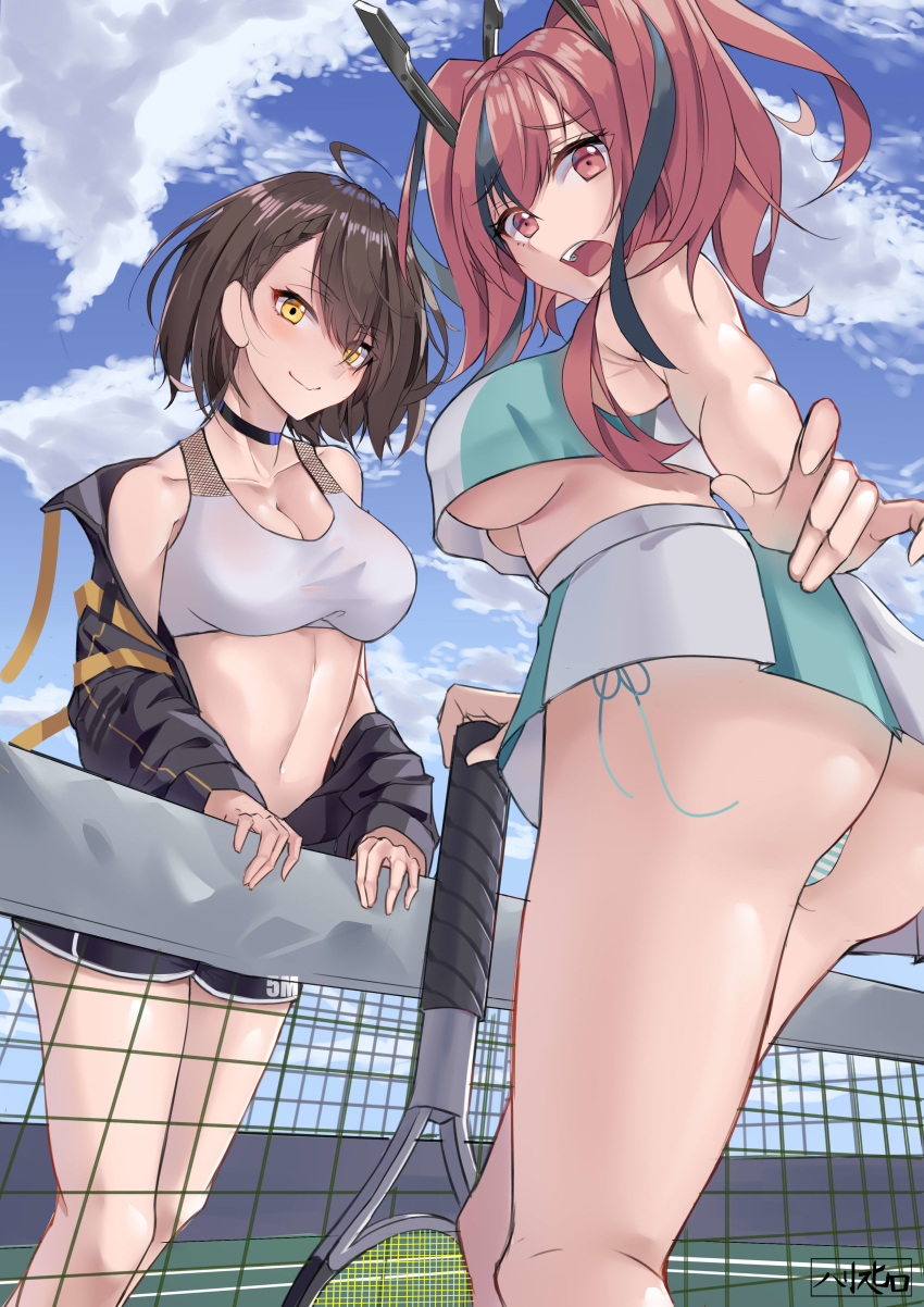 2girls absurdres ass azur_lane baltimore_(azur_lane) baltimore_(black_ace)_(azur_lane) bangs bare_shoulders blush bow breasts bremerton_(azur_lane) bremerton_(scorching-hot_training)_(azur_lane) brown_hair commentary_request crop_top crop_top_overhang embarrassed eyebrows_visible_through_hair from_behind grey_hair hair_between_eyes hair_bow hair_ornament hairclip harris_hero highres large_breasts long_hair looking_at_viewer multicolored_hair multiple_girls no_mole open_mouth outdoors panties pink_hair shirt side-tie_panties sleeveless sleeveless_shirt smile sportswear streaked_hair striped striped_panties tennis_court tennis_net tennis_uniform twintails two-tone_hair two-tone_shirt two-tone_skirt underwear white_sports_bra x_hair_ornament yellow_eyes