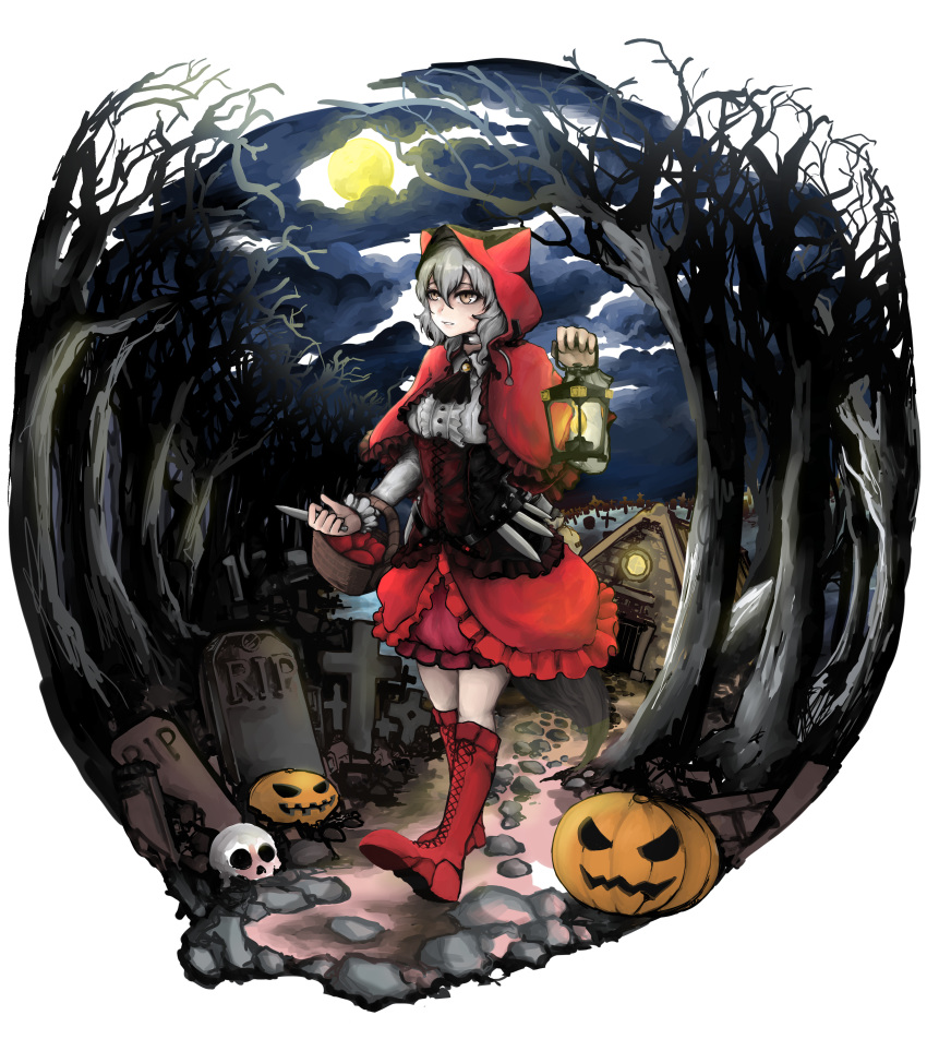 1girl absurdres arknights dagger full_moon highres jack-o'-lantern lantern little_red_riding_hood little_red_riding_hood_(grimm) moon night projekt_red_(arknights) red_footwear red_hood solo solo_focus tombstone tree vyragami weapon white_hair withered