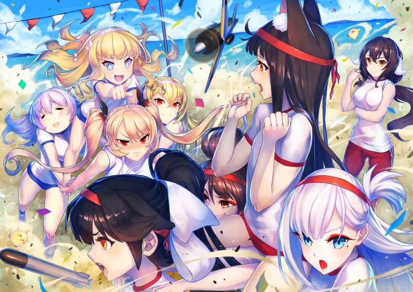 6+girls absurdres aircraft airplane alternate_costume animal_ear_fluff animal_ears azur_lane bare_legs beach black_hair blonde_hair blue_eyes blue_footwear blue_sky blush braid breast_hold breasts brown_eyes brown_hair buruma carrying closed_eyes closed_mouth clouds cloudy_sky commentary confetti cross-laced_footwear crown_braid day dust embarrassed fang female_pervert flag gym_uniform hair_between_eyes hair_flaps hair_ribbon hairband happy headband highres horn_ornament huge_filesize index_finger_raised kibasen king_george_v_(azur_lane) long_hair looking_at_viewer manjuu_(azur_lane) medium_breasts mikasa_(azur_lane) mitchy1023 mole mole_under_eye multiple_girls nagato_(azur_lane) nelson_(azur_lane) ocean open_mouth outdoors pants pervert piggyback pointing ponytail queen_elizabeth_(azur_lane) red_buruma red_eyes red_pants ribbon rodney_(azur_lane) running scared shirt shoes short_sidetail short_sleeves shoukaku_(azur_lane) silver_hair sky small_breasts smile sports_festival standing straight_hair sweatpants takao_(azur_lane) tears thighs torpedo twintails wavy_mouth white_shirt zuikaku_(azur_lane)