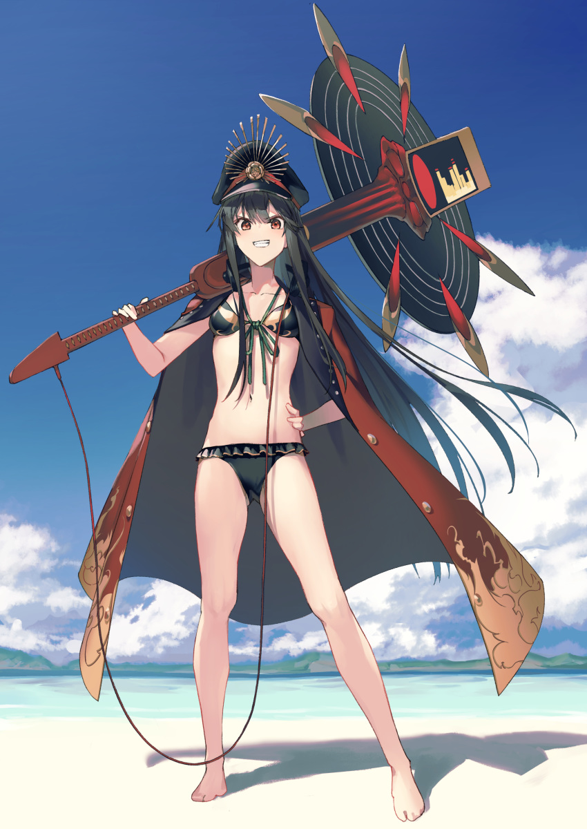 1girl absurdres bangs beach bikini black_bikini black_hair blue_sky breasts coat family_crest fate/grand_order fate_(series) full_body grin guitar hat headphones headphones_around_neck highres instrument jacket_on_shoulders long_hair looking_at_viewer navel oda_nobunaga_(fate)_(all) oda_nobunaga_(swimsuit_berserker)_(fate) oda_uri open_clothes open_coat oversized_object peaked_cap red_coat red_eyes sky small_breasts smile solo swimsuit xkirara39x