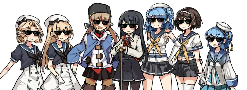 1girl 6+girls aqua_neckwear aqua_skirt arm_warmers asashio_(kantai_collection) belt black_bow black_hair black_headwear black_legwear black_neckwear black_ribbon black_skirt blonde_hair blouse blue_hair blue_sailor_collar blue_shawl blush bow breasts brown_eyes brown_hair dixie_cup_hat double_bun dress elbow_gloves eyebrows_visible_through_hair gloves hair_between_eyes hair_bow hair_ornament hair_ribbon hairband hairclip hat hat_ribbon highres jacket janus_(kantai_collection) jervis_(kantai_collection) kantai_collection kuroinu9 large_breasts long_hair long_sleeves looking_at_viewer low_twintails military_hat miniskirt multiple_girls neckerchief open_mouth pantyhose papakha pinafore_dress pleated_skirt red_shirt remodel_(kantai_collection) ribbon ribbon_trim sailor_collar sailor_dress sailor_hat samuel_b._roberts_(kantai_collection) scarf school_uniform serafuku shawl shirt short_hair short_sleeves simple_background skirt sleeve_cuffs sleeves_rolled_up small_breasts smile star sunglasses tanikaze_(kantai_collection) tashkent_(kantai_collection) thigh-highs torn_scarf twintails untucked_shirt urakaze_(kantai_collection) white_background white_blouse white_dress white_gloves white_headwear white_jacket white_legwear white_scarf white_shirt yellow_neckwear