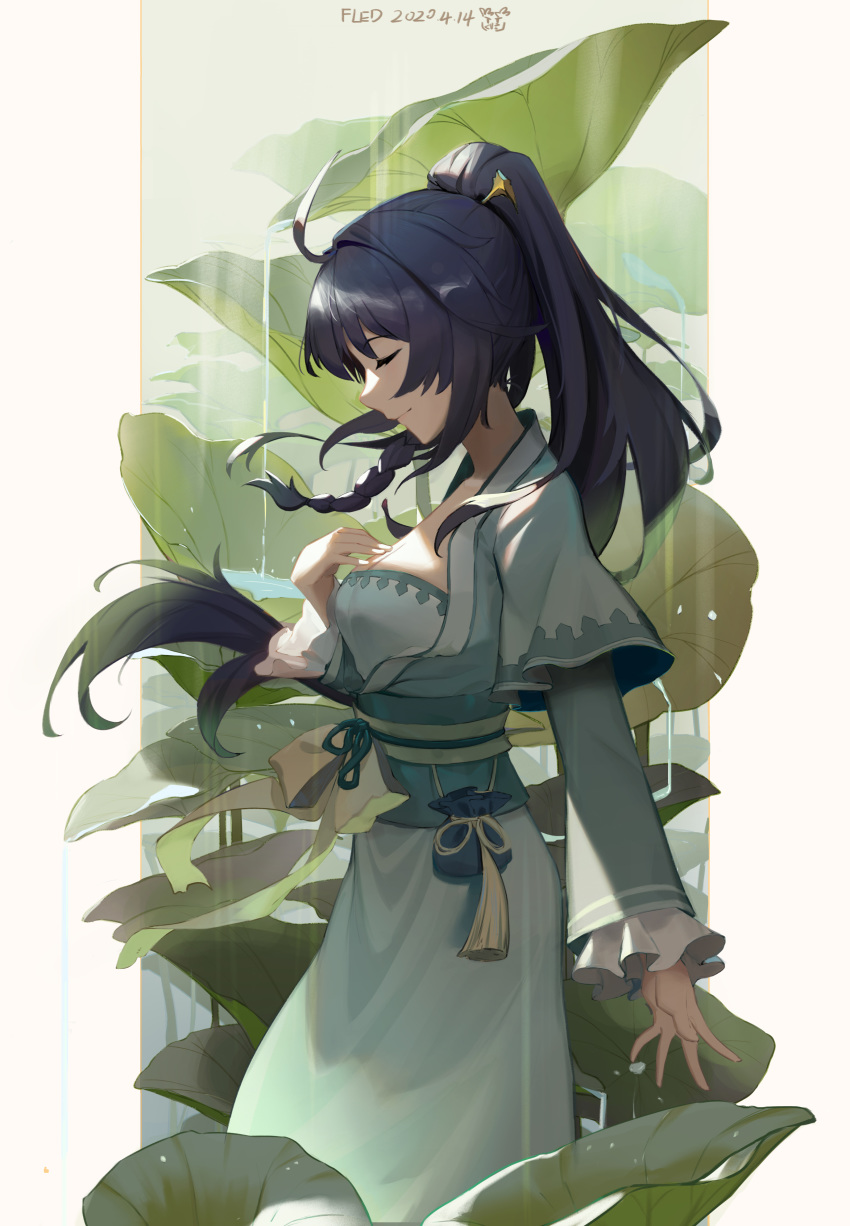 1girl absurdres ahoge aqua_kimono artist_name black_hair bow braid breasts chinese_commentary closed_eyes closed_mouth commentary_request dated feet_out_of_frame fled frilled_sleeves frills hand_on_own_chest high_ponytail highres honkai_(series) honkai_impact_3rd japanese_clothes kimono leaf long_hair long_sleeves medium_breasts obi open_clothes open_kimono pouch profile raiden_mei sash side_braid smile solo standing tassel water yellow_bow