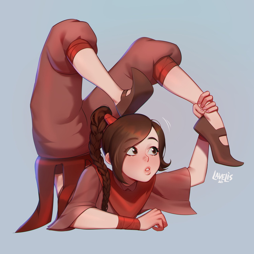 1girl artist_name avatar:_the_last_airbender avatar_(series) braid brown_hair capri_pants contortion flexible highres lavelis lips pants pointed_footwear ponytail puffy_pants single_braid stretch ty_lee wristband