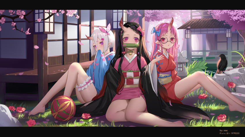3girls absurdres animal ball bamboo bangs barefoot bell bird bit_gag black-framed_eyewear black_hair blue_bow blue_kimono bow brown_hair butterfly_hair_ornament character_request checkered cherry_blossoms commentary_request copyright_name flower forehead gag glasses gradient_hair hair_bow hair_ornament heart highres hk_(hk) horn japanese_clothes jingle_bell kamado_nezuko kimetsu_no_yaiba kimono knees_up letterboxed long_hair long_sleeves looking_at_viewer mouth_hold multicolored_hair multiple_girls obi on_grass oni_horns open_clothes parted_bangs petals pink_bow pink_flower pink_hair pink_kimono pixiv_id pointy_ears red_eyes red_kimono round_eyewear sash short_hair silver_hair sitting sweat thick_eyebrows thigh_strap third-party_edit tree_branch very_long_hair water wide_sleeves yokozuwari