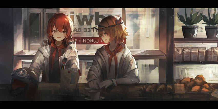 2girls arknights blush brown_eyes brown_hair croissant_(arknights) exusiai_(arknights) gloves goggles goggles_on_headwear happy headwear_removed helmet helmet_removed highres indoors katann looking_at_another multiple_girls open_mouth plant potted_plant red_eyes redhead short_hair smile white_gloves