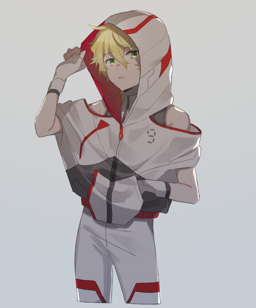 1boy adjusting_hood bangs bare_shoulders blonde_hair collar commentary_request darling_in_the_franxx eyebrows_visible_through_hair fingerless_gloves gloves green_eyes grey_background hair_between_eyes hand_in_pocket highres hood hood_up hoodie looking_at_viewer male_focus messy_hair nine_alpha number pants parted_lips short_sleeves simple_background solo standing unapoppo white_gloves white_hood white_hoodie white_pants