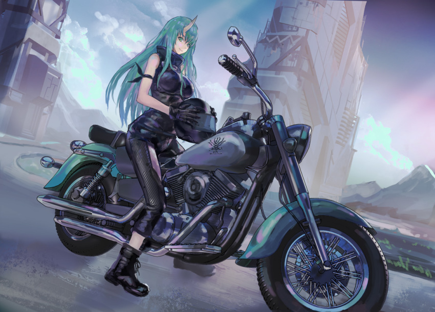 1girl ankle_boots arknights arm_ribbon bangs bare_arms bare_shoulders black_footwear black_gloves black_pants black_ribbon black_shirt blue_sky boots breasts clouds commentary_request denki dutch_angle gloves green_eyes green_hair ground_vehicle helmet high_collar holding holding_helmet horn hoshiguma_(arknights) large_breasts long_hair looking_at_viewer motor_vehicle motorcycle motorcycle_helmet outdoors pants ribbon shirt sky sleeveless sleeveless_shirt smile solo
