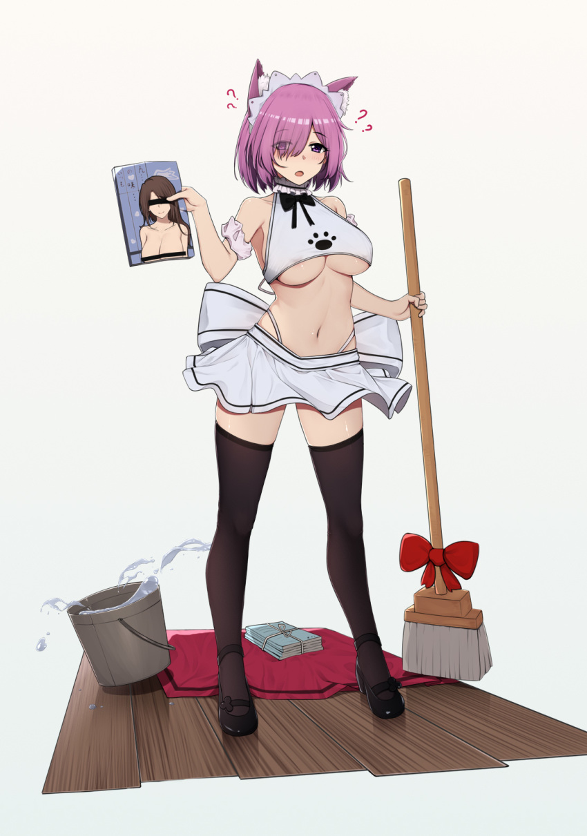 1girl animal_ears bar_censor bare_shoulders black_bow black_footwear black_legwear blush bow breasts broom bucket cat_ears censored collarbone commentary_request eyebrows_visible_through_hair eyes_visible_through_hair fate/grand_order fate_(series) full_body hair_over_one_eye high_heels highres holding l.tea large_breasts lavender_hair looking_at_viewer magazine maid_headdress mash_kyrielight navel open_mouth purple_hair short_hair simple_background skirt solo standing thigh-highs violet_eyes water white_background white_skirt
