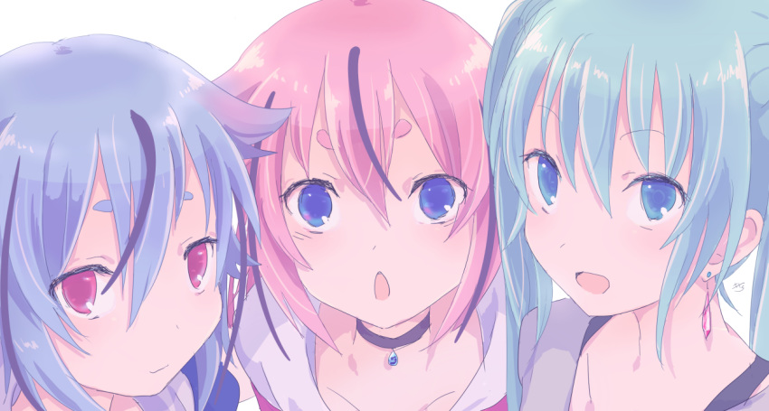 1girl 2others amulet aqua_hair blue_eyes blue_hair closed_eyes collar collarbone commentary earrings hatsune_miku jewelry kisalaundry light_smile looking_at_viewer meika_hime meika_mikoto multiple_others open_mouth pink_eyes pink_hair short_eyebrows side-by-side thick_eyebrows twintails upper_body vocaloid white_background