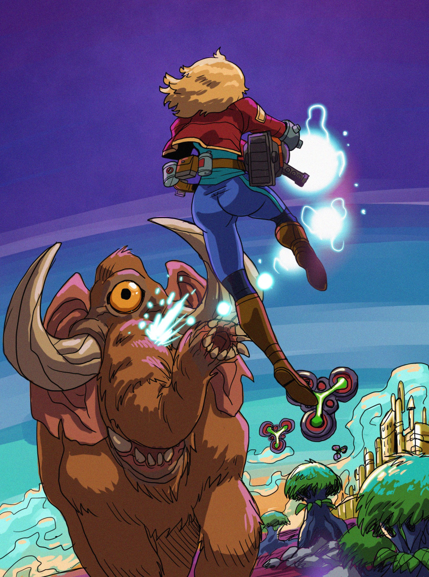 1girl absurdres ass bannon_rudis belt blonde_hair blue_pants blue_sky boots brown_footwear brown_fur cityscape clouds cyclops drone energy_weapon facing_away flying genderswap genderswap_(ftm) gun harrier_(character) highres horizon jacket mammoth mammoth_(space_harrier) one-eyed pants purple_sky red_jacket robot sky space_harrier tomos tree tusks utility_belt weapon