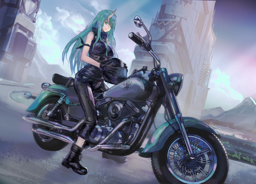 1girl ankle_boots arknights arm_ribbon bangs bare_arms bare_shoulders black_footwear black_gloves black_pants black_ribbon black_shirt blue_sky boots breasts clouds commentary_request denki dutch_angle gloves green_eyes green_hair ground_vehicle helmet high_collar holding holding_helmet horn hoshiguma_(arknights) large_breasts long_hair looking_at_viewer motor_vehicle motorcycle motorcycle_helmet outdoors pants revision ribbon shirt sky sleeveless sleeveless_shirt smile solo