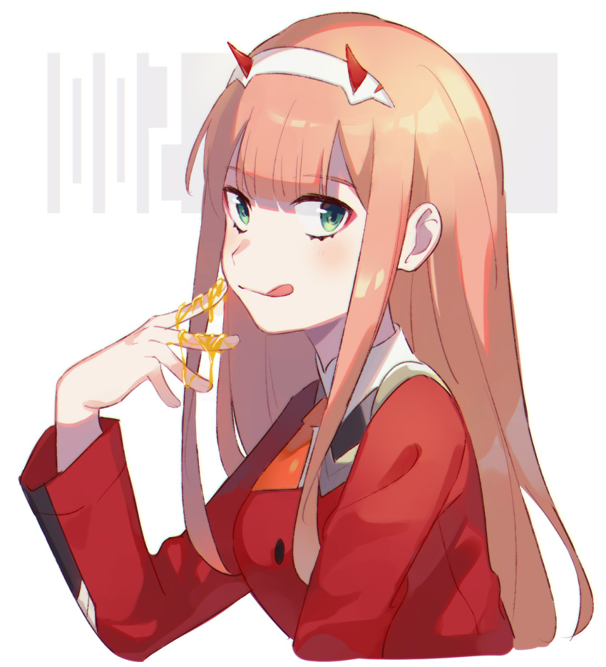 1girl arm_up bangs blush breasts closed_mouth collar commentary_request darling_in_the_franxx eyebrows_visible_through_hair from_side green_eyes hair_between_eyes hairband highres honey horns long_hair long_sleeves looking_at_viewer medium_breasts military military_uniform neckwear oni_horns orange_neckwear pink_hair red_horns sidelocks simple_background smile solo tongue unapoppo uniform upper_body white_background white_hairband zero_two_(darling_in_the_franxx)