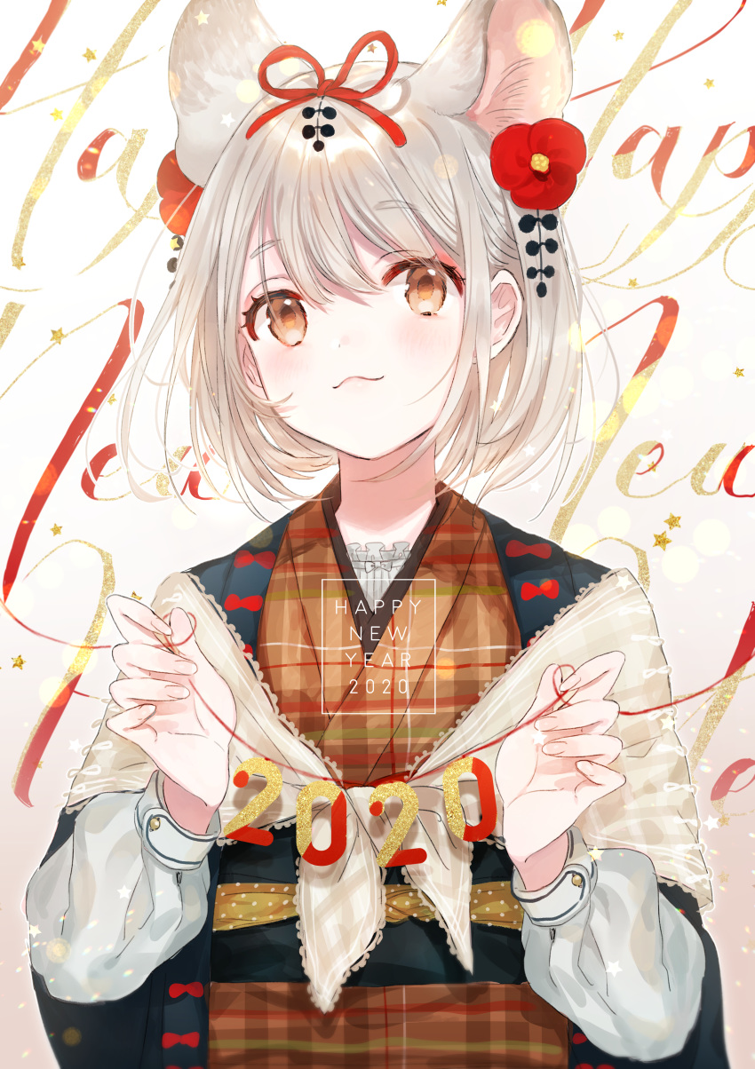 1girl 2020 absurdres animal_ear_fluff animal_ears background_text bangs blush brown_background brown_eyes brown_kimono canarinu chinese_zodiac closed_mouth commentary_request eyebrows_visible_through_hair flower gradient gradient_background grey_hair hair_between_eyes hair_flower hair_ornament hair_ribbon happy_new_year highres japanese_clothes kimono long_sleeves mouse_ears nengajou new_year open_clothes original plaid puffy_long_sleeves puffy_sleeves red_flower red_ribbon ribbon shawl short_hair smile solo upper_body white_background year_of_the_rat