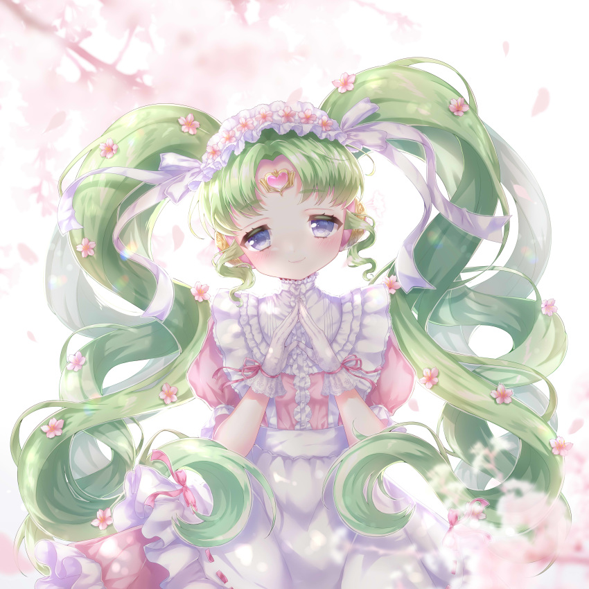 1girl absurdres aki_(akinyaaaaa) apron bangs blue_eyes blush center_frills cherry_blossoms commentary_request curly_hair dress falulu flower forehead_jewel frilled_apron frilled_dress frilled_sleeves frills gloves hair_flower hair_ornament hairband headphones highres lolita_fashion lolita_hairband looking_at_viewer parted_bangs petals pink_dress pink_flower pink_ribbon pretty_(series) pripara ribbon ribbon-trimmed_apron ribbon_trim short_sleeves sidelocks smile solo steepled_fingers twintails waist_apron white_apron white_gloves white_hairband white_ribbon