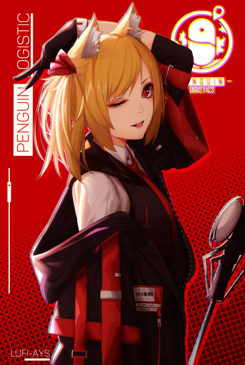 1girl absurdres animal_ears arknights arm_up artist_name bangs black_gloves blonde_hair blush cat_ears eyebrows_visible_through_hair gloves gumihiko highres looking_at_viewer necktie one_eye_closed open_mouth red_background red_eyes red_neckwear short_hair short_twintails smile solo sora_(arknights) swept_bangs twintails v