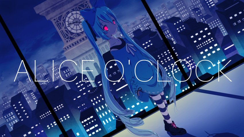 1girl aqua_hair backlighting blue_bow blue_dress bow building cityscape clock clock_tower collarbone commentary dress expressionless glowing glowing_eyes hair_bow hatsune_miku highres kisalaundry long_hair looking_at_viewer night red_eyes ribbon scenery shoes song_name striped striped_legwear thigh-highs tower twintails very_long_hair vocaloid wide_shot