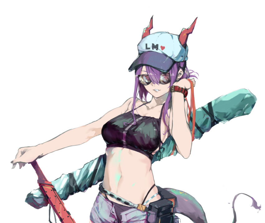 1girl arknights bangs bare_arms bare_shoulders baseball_cap bikini black_bikini breasts ch'en_(arknights) commentary dokuro_deluxe dragon_horns dragon_tail english_commentary grin hair_between_eyes hand_up hat heart highres horns long_hair looking_at_viewer medium_breasts navel parted_lips pouch purple_hair red_eyes shorts simple_background smile solo stomach sunglasses swimsuit tail upper_body white_background