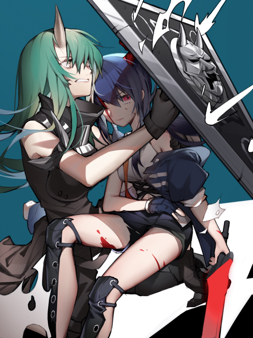 aniao_ya arknights arm_around_shoulder armband armor black_footwear black_gloves black_pants black_shirt black_shorts blood blood_on_face blue_background blue_gloves blue_hair blue_jacket boots breastplate breasts ch'en_(arknights) clenched_teeth closed_mouth collared_shirt commentary_request dragon_horns dragon_tail fingerless_gloves gloves green_hair highres horns hoshiguma_(arknights) hug injury jacket knee_boots lips long_hair medium_breasts off_shoulder one_eye_closed oni_horn pants partial_commentary protecting red_eyes shield shirt short_shorts shorts simple_background single_glove sitting sleeveless sleeveless_shirt straight_hair sword tail teeth thighs torn_clothes torn_shorts turtleneck twintails weapon white_shirt yellow_eyes
