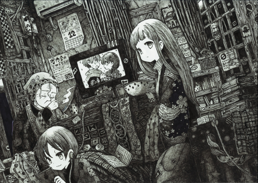 1boy 2girls absurdres bowl calendar_(object) cigarette closed_eyes directional_arrow earphones earphones facing_another greyscale highres indoors long_hair looking_at_viewer looking_away monochrome multiple_girls original scenery short_hair smoking television usio_ueda