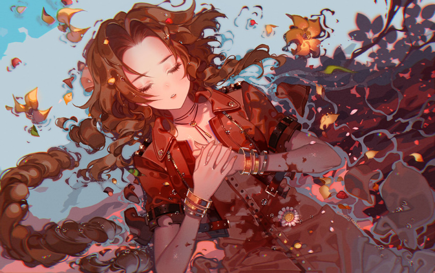 1girl aerith_gainsborough artist_name blood bloody_clothes blush bracelet braid brown_hair buckle closed_eyes commentary_request cropped_jacket death detached_hair dress final_fantasy final_fantasy_vii flower forehead from_above hands_on_own_chest jacket jewelry kawacy lying necklace on_back open_clothes open_jacket own_hands_together parted_lips pink_dress red_jacket solo spoilers