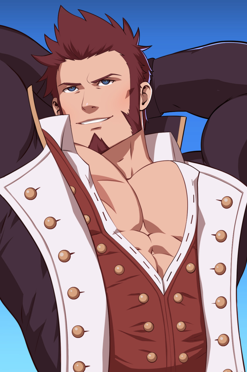 1boy abs arms_at_sides arms_behind_head arms_up bara beard blue_background blue_eyes brown_hair chest crestren epaulettes facial_hair fate/grand_order fate_(series) highres locked_arms long_sleeves male_focus military military_uniform muscle napoleon_bonaparte_(fate/grand_order) open_clothes outstretched_arms pectorals scar simple_background six_fanarts_challenge smile solo uniform upper_body