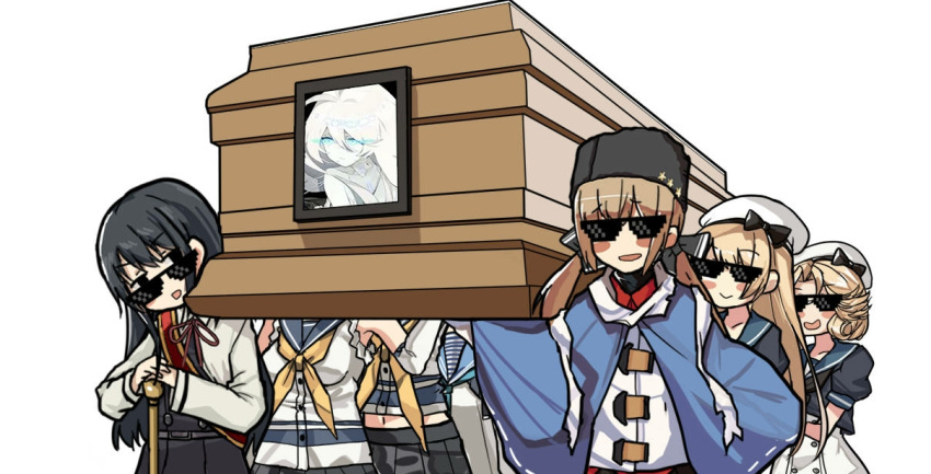 6+girls aqua_neckwear asashio_(kantai_collection) bangs black_bow black_hair black_headwear black_neckwear black_skirt blonde_hair blue_hair blue_sailor_collar blue_shawl blue_skirt blush bow breasts brown_hair coffin commentary_request double_bun dress eyebrows_visible_through_hair gloves hair_between_eyes hair_bow hair_ornament hat hat_ribbon jacket janus_(kantai_collection) jervis_(kantai_collection) kantai_collection kuroinu9 large_breasts long_hair long_sleeves looking_at_viewer low_twintails multiple_girls navel neck_ribbon neckerchief open_mouth papakha parted_bangs photo_(object) pinafore_dress pleated_skirt red_ribbon red_shirt remodel_(kantai_collection) ribbon sailor_collar sailor_dress sailor_hat samuel_b._roberts_(kantai_collection) scarf school_uniform serafuku shirt short_hair short_sleeves simple_background skirt sleeves_rolled_up smile star sunglasses tanikaze_(kantai_collection) tashkent_(kantai_collection) torn_scarf twintails untucked_shirt urakaze_(kantai_collection) white_background white_dress white_headwear white_scarf white_shirt