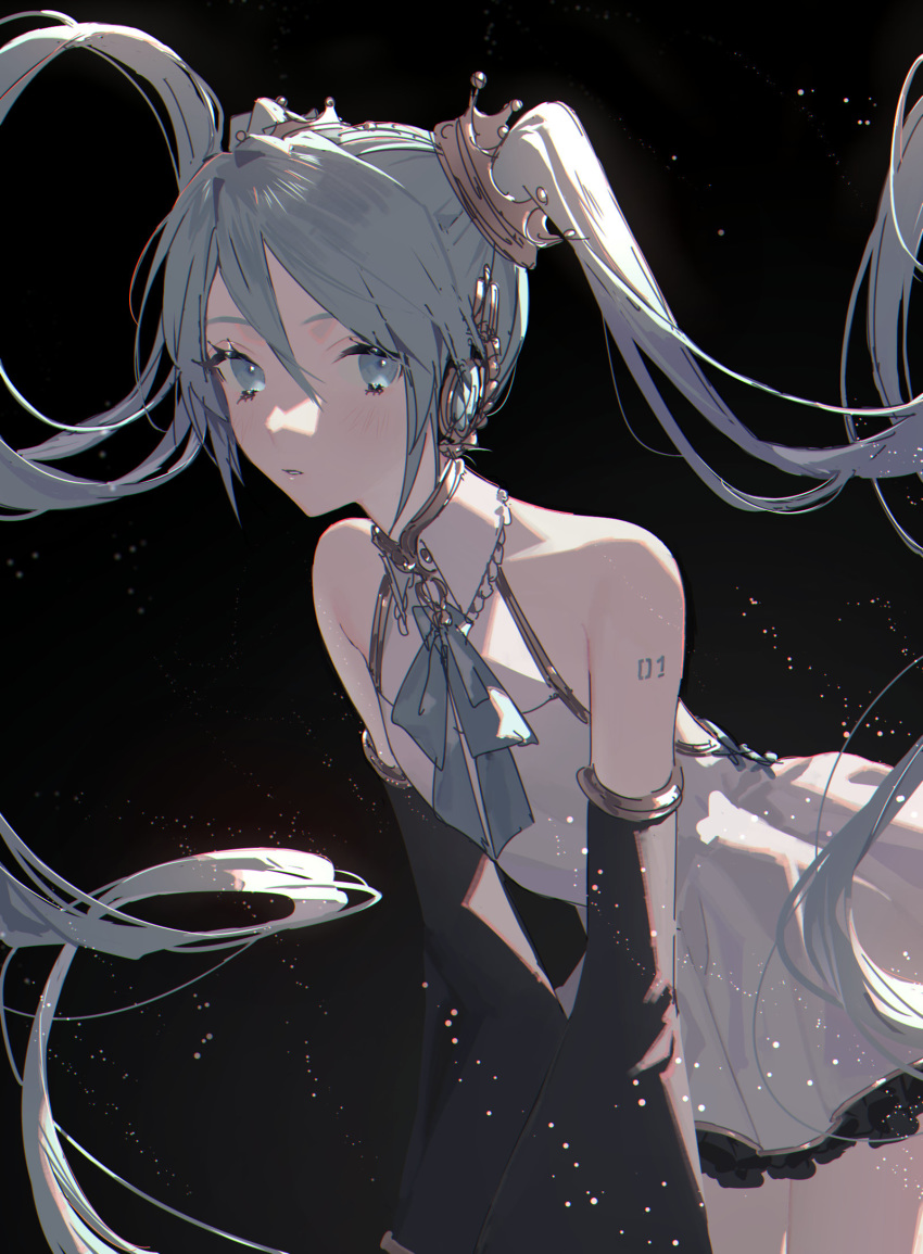 1girl adapted_costume aqua_eyes aqua_hair aqua_neckwear aqua_ribbon bangs black_background collared_dress commentary cowboy_shot crown crown_hair_ornament detached_sleeves dress flat_chest floating_hair hair_between_eyes hair_ornament hatsune_miku headphones highres leaning_forward long_hair looking_at_viewer naomasap neck_ribbon parted_lips ribbon solo very_long_hair vocaloid white_dress