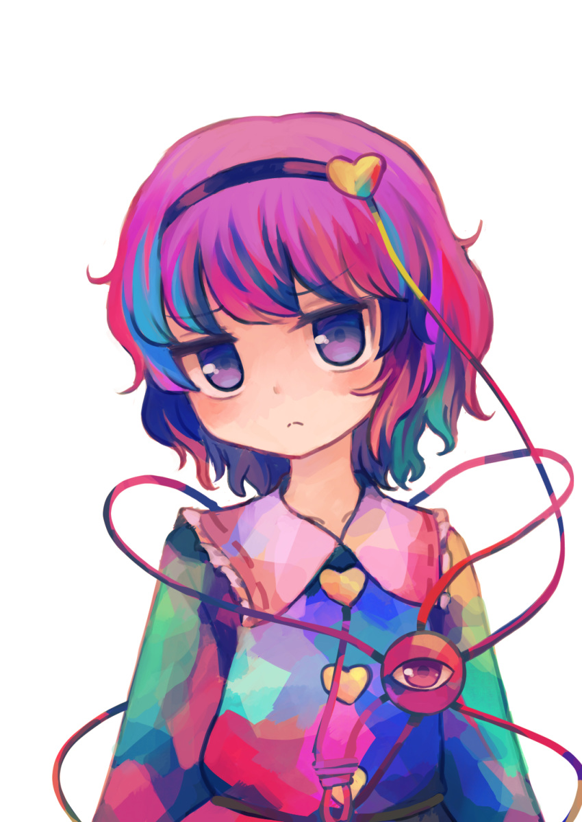 1girl bangs black_hairband blush buttons closed_mouth collar collarbone collared_shirt commentary_request eyeball eyebrows_visible_through_hair frilled_collar frilled_shirt_collar frills hair_ornament hairband heart heart_hair_ornament highres komeiji_satori long_sleeves looking_at_viewer multicolored multicolored_clothes multicolored_hair pink_hair puroshimin red_ribbon ribbon ribbon-trimmed_collar ribbon_trim shirt short_hair simple_background solo streaked_hair string third_eye touhou upper_body violet_eyes white_background