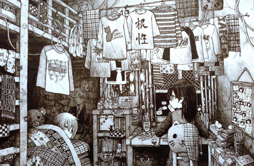 2girls bed chair choker clothes_hanger desk eyebrows_visible_through_hair glasses greyscale hair_ornament hairclip highres indoors ladder long_hair looking_at_another monochrome multiple_girls original scenery shirt_removed short_hair sitting usio_ueda window