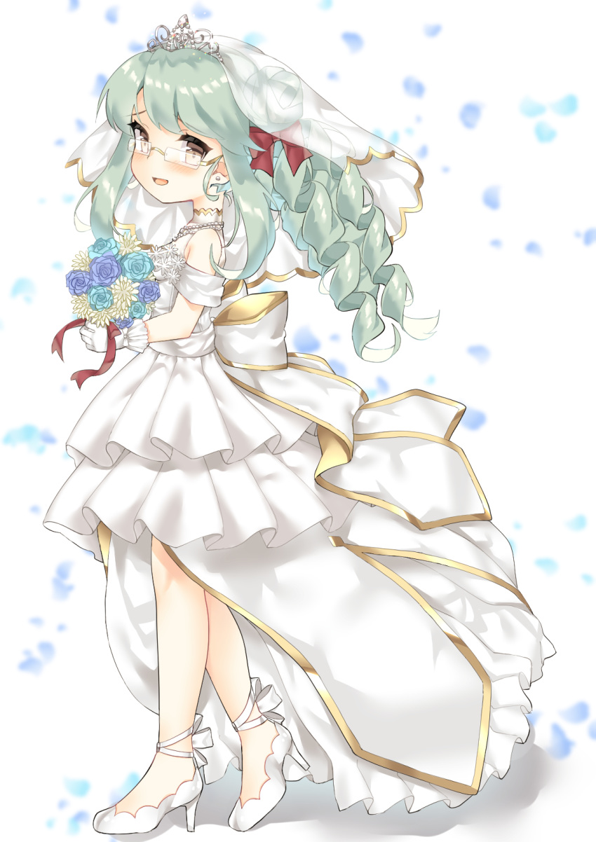 1girl :d ankle_ribbon azur_lane back_bow bad_id bad_pixiv_id bangs bare_legs bare_shoulders blush bouquet bow breasts bridal_veil commentary_request dress drill_hair earrings eyebrows_visible_through_hair flower frilled_dress frills from_side full_body glasses glint gloves green_hair hair_bun high_heels highres holding holding_bouquet jewelry juugou_taki langley_(azur_lane) long_hair looking_at_viewer necklace open_mouth pearl_necklace profile red_ribbon ribbon rose shadow side_bun sidelocks simple_background sleeveless sleeveless_dress small_breasts smile solo standing stud_earrings tiara veil wedding_dress white_background white_bow white_dress white_footwear white_gloves yellow_eyes