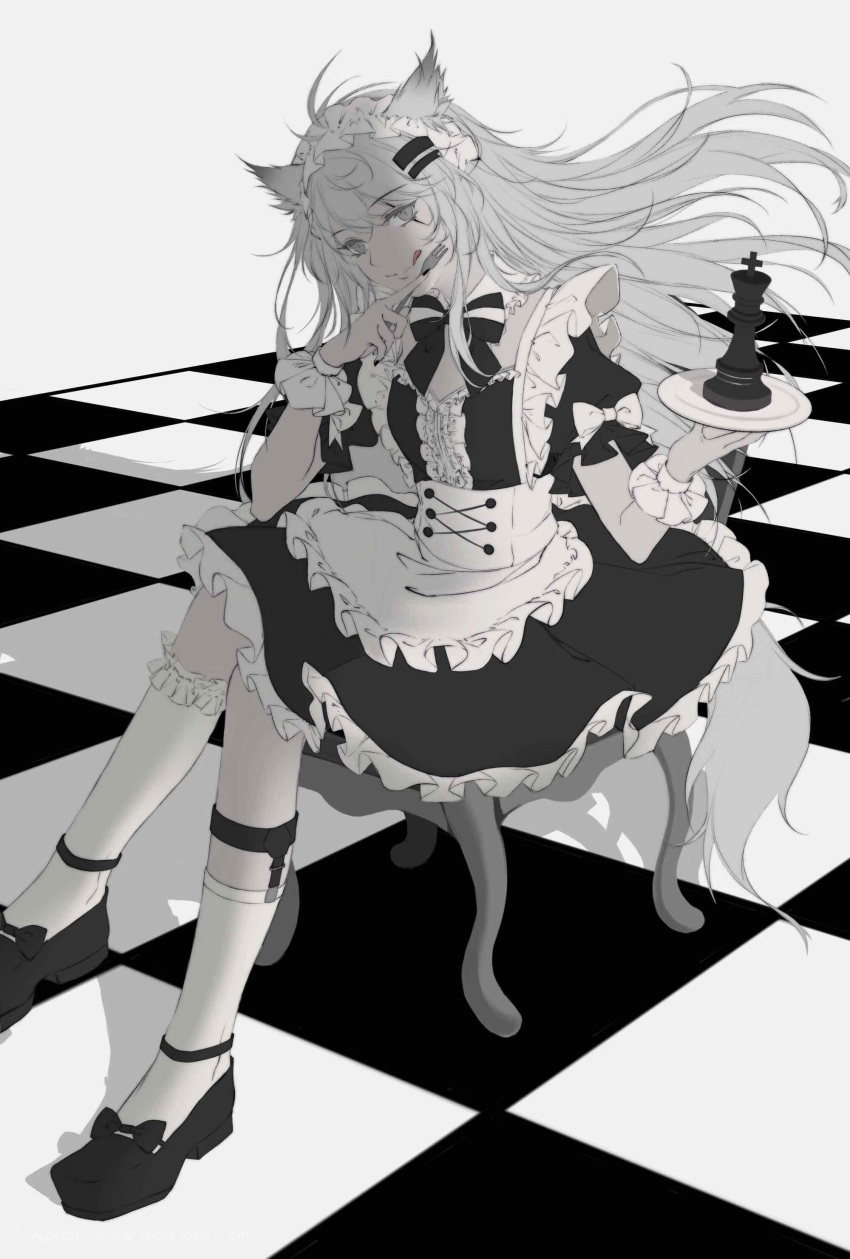 1girl :q absurdres aipssai alternate_costume animal_ears antenna_hair apron arknights bangs black_bow black_dress black_footwear black_nails black_neckwear bow bowtie chair checkered checkered_floor chess_piece commentary dress enmaided eyebrows_visible_through_hair fork frilled_apron frills grey_eyes hair_ornament hairclip hands_up head_tilt highres holding holding_fork holding_plate king_(chess) kneehighs lappland_(arknights) long_hair looking_at_viewer maid maid_apron nail_polish petticoat plate puffy_short_sleeves puffy_sleeves scar scar_across_eye shadow shoes short_sleeves silver_hair sitting smile solo tail tongue tongue_out waist_apron white_apron white_legwear wolf_ears wolf_tail wrist_cuffs