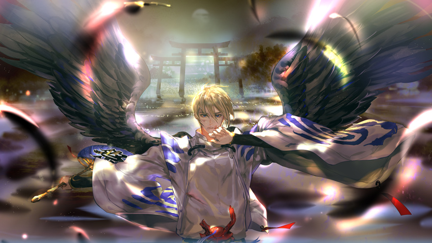 1boy bangs black_wings blonde_hair blood blood_on_face bloody_clothes blue_eyes bruise bruise_on_face closed_mouth clouds cloudy_sky covering_mouth daitengu_(onmyoji) fan feathered_wings feathers fire fog full_moon hair_between_eyes hand_over_own_mouth holding holding_fan hurt injury japanese_clothes layered_clothing long_sleeves looking_at_viewer male_focus mask mask_removed moon motion_blur multiple_torii nature onmyoji outstretched_arm paper_fan red_ribbon reverse_grip ribbon say_hana sky solo spread_wings tengu_mask uchiwa upper_body wide_sleeves wind wings
