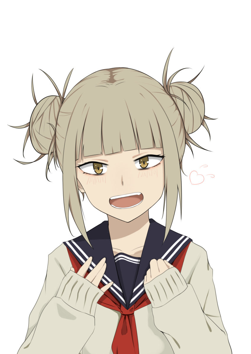 1girl absurdres bangs blonde_hair blunt_bangs blush boku_no_hero_academia collarbone commentary double_bun highres l.tea long_sleeves looking_at_viewer open_mouth school_uniform serafuku short_hair simple_background smile solo toga_himiko uniform white_background yellow_eyes