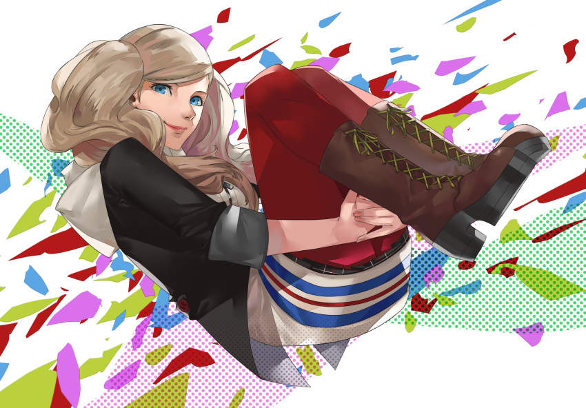1girl blazpu blonde_hair blue_eyes boots breasts closed_mouth highres long_hair looking_at_viewer pantyhose persona persona_5 smile solo takamaki_anne twintails